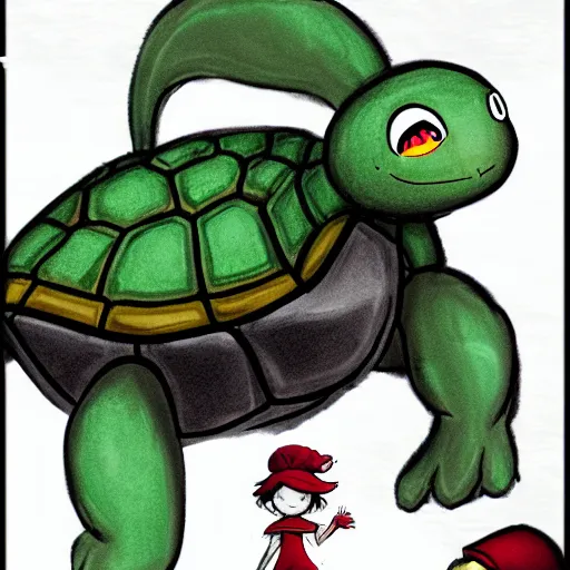 Prompt: concept art for a turtle girl with red cap, anime 2d platformer