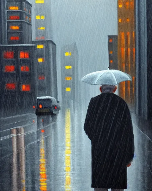 Image similar to a painting of an old man looking down the street, rain, an ultrafine detailed painting, by cabu, featured on deviantart, detailed painting, deviantart