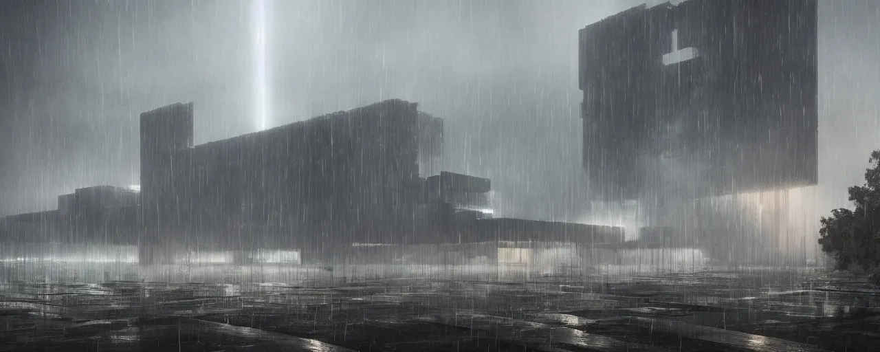 Image similar to brutalist architecture, metal, concrete, mist, rain, night, dramatic lighting, lightning bolt, trending on Artstation, 8k, highly realistic, hyper detailed, unreal engine 5, IMAX quality, realistic, cinematic, epic lighting, realistic, in the style of Greg Rutkowski