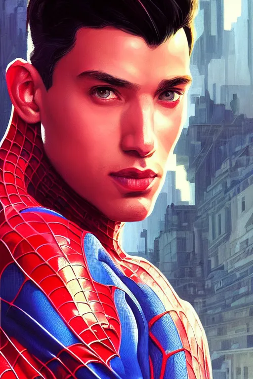 Prompt: a portrait of miguel o'hara ( spider - man 2 0 9 9 ), fantasy, sharp focus, intricate, elegant, digital painting, artstation, matte, highly detailed, concept art, illustration, ambient lighting, art by ilya kuvshinov, artgerm, alphonse mucha, and greg rutkowski