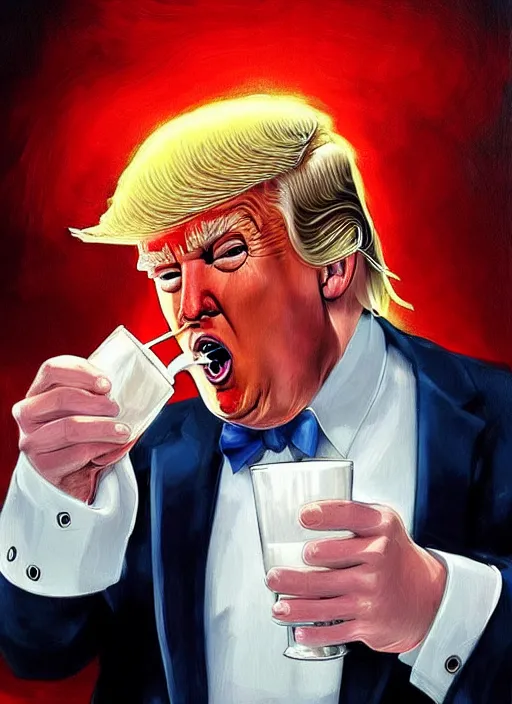 Prompt: donald trump drinking! from a pool of white! sawmill gravy!, cosmic horror painting, elegant intricate digital painting artstation concept art by mark brooks and brad kunkle detailed