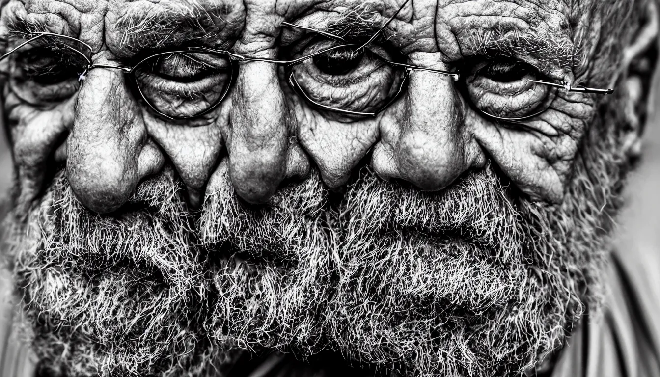 Image similar to hyper realistic color photo, portrait of a single weathered old man, aesthetic, cables, vapour emerge from their eyes, dramatic lighting and shadow!!, full colour, upscale, 8 k, masterpiece
