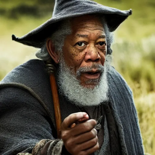 Image similar to morgan freeman starring as gandalf in lord of the rings, ( eos 5 ds r, iso 1 0 0, f / 8, 1 / 1 2 5, 8 4 mm, postprocessed, crisp face, facial features )