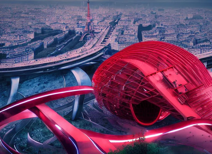 Image similar to futuristic france, scifi, machines, artificial intelligence, ribbon chapel, ultra realistic, cinematic paris, highly detailed, futuristic landscape, beautiful city, futurism, drone point of view, atmosphere, sunny day, masterpiece, red highlights, year 2 0 4 0, cinematic, art by jan urschel and neil blevins