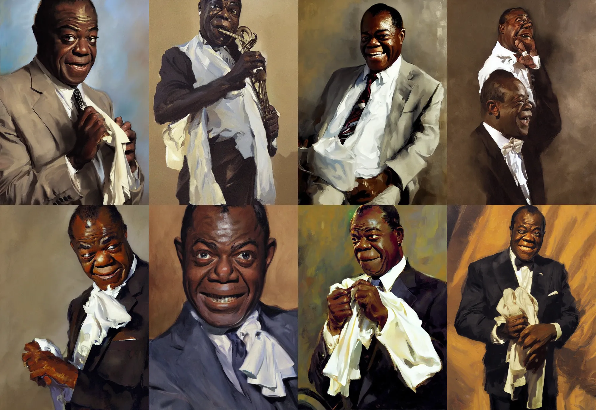 Image similar to a portrait of louis armstrong holding a white handkerchief, by greg manchess and john singer sargent and jonathan yeo, dramatic lighting, highly detailed digital painting