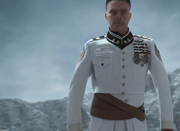 Image similar to proud general wearing a white imperial general uniform, hist arms are behind his back, ultra realistic, 4 k, movie still, uhd, sharp, detailed, cinematic, render, modern