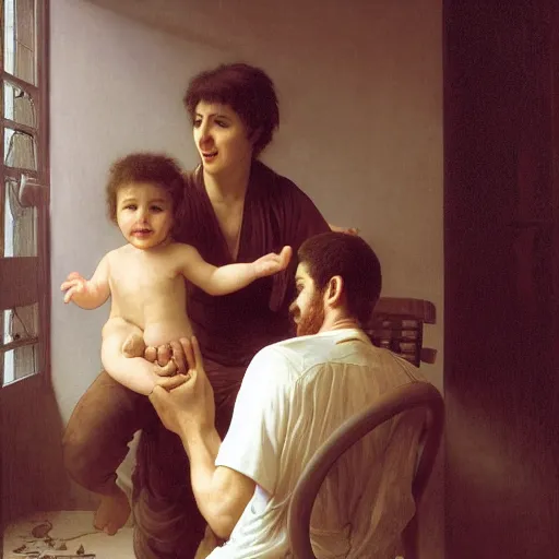 Image similar to a male patient at home with his wife and son standing by. happy, cheerful, smiling, intricate, face enhance, sharp focus, cinematic lighting, sharp focus, featured in artistation, 8 k, art by greg rutkowski, william adolphe bouguereau