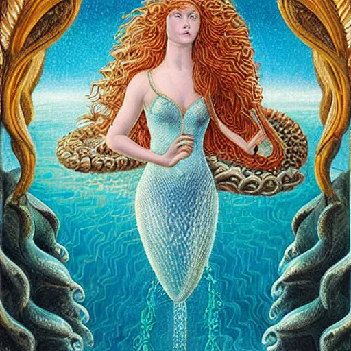 Prompt: intricate detail, gilbert williams and sandro botticelli portrait of tan sumerian mermaid goddess atargatis, princess intergalactica, with aqua neon rapunzel dreadlocks adorned in seashells, near crystal temple in atlantis, iridescent dolphins swimming in the sea, unicorn flying in the sky, paleozoic atlantis