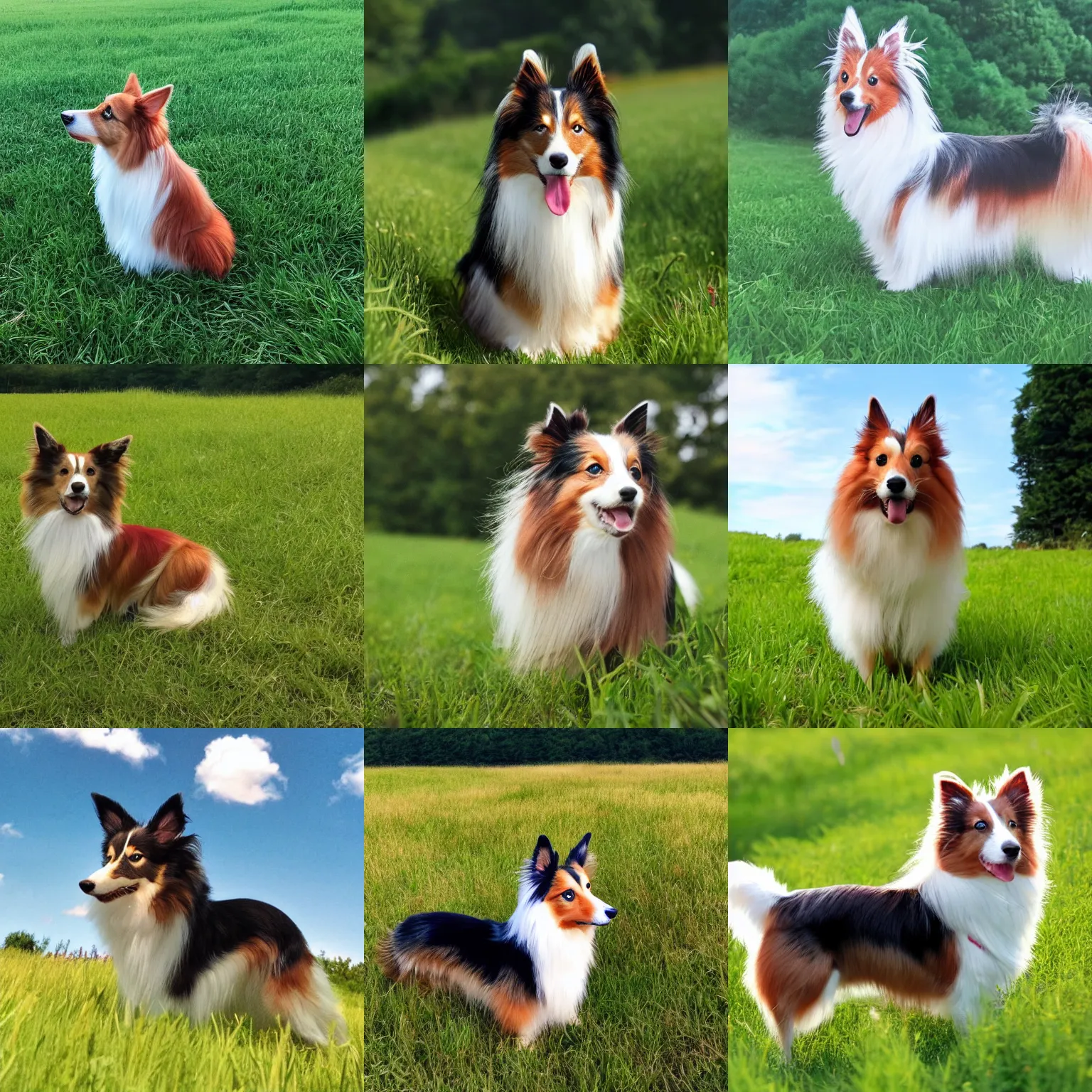 Prompt: a sheltie on a grass field in the style of a ghibli movie