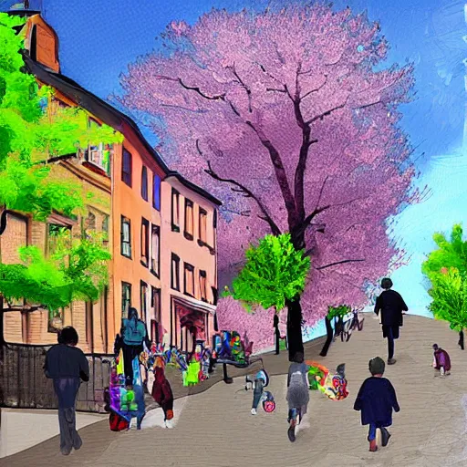 Prompt: a street in södermalm with a cafe, cherry trees and children playing, digital art