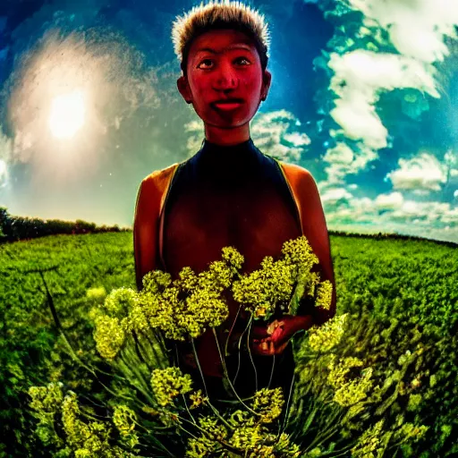 Prompt: a flower / human hybrid, fisheye photo