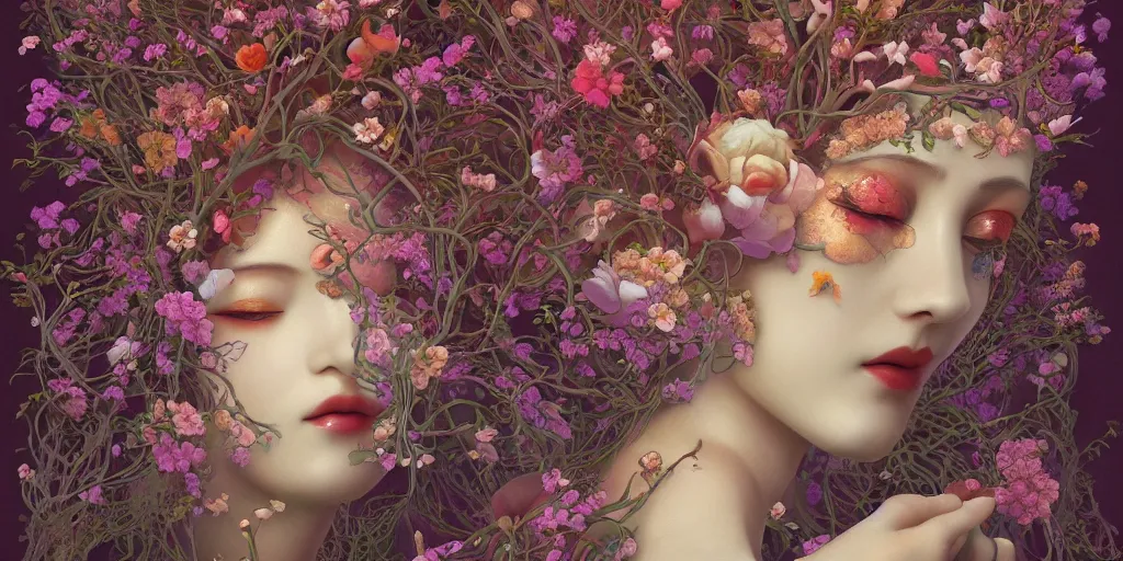 Image similar to breathtaking detailed concept art painting art deco pattern of gaea faces goddesses amalgamation flowers, by hsiao - ron cheng, bizarre compositions, exquisite detail, extremely moody lighting, 8 k