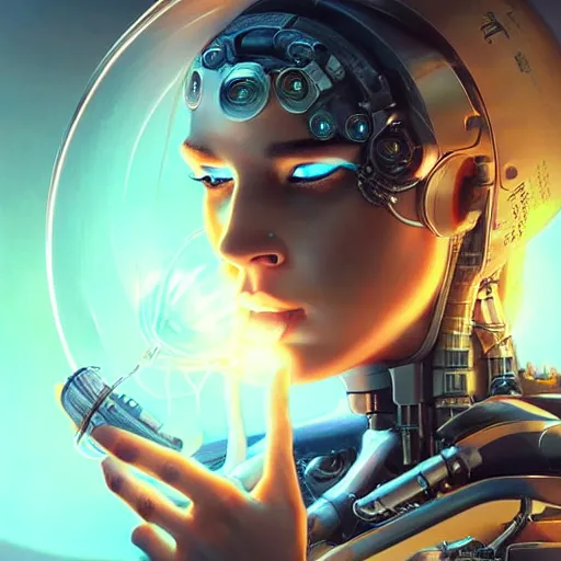 Image similar to a realistic detailed beautiful portrait of a cybernetic woman eating a glowing orb, cyberpunk concept art, digital art, highly detailed, intricate, sci-fi, sharp focus, Trending on Artstation HQ, deviantart, unreal engine 5, 4K UHD image, hyperrealistic, photorealistic, art by artgerm and greg rutkowski and alphonse mucha