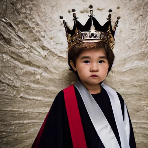 Prompt: tiny King wearing oversized robes and oversized crown stares smugly at camera, high angle, fisheye lens