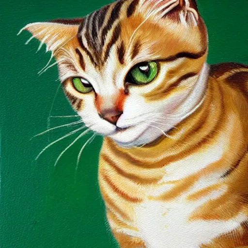 Prompt: oil painting of a small and floppy female tabby cat with white paws, large, orange - green eyes, sweet, somewhat striped coat, long tail, narrow face with long whiskers, 1 2 years old