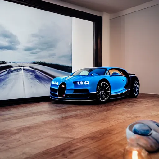 Image similar to High-quality photography of a Bugatti Chiron in an livingroom on dining table, shot on iPhone