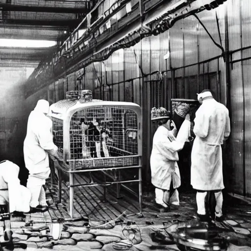Image similar to scientists surrounding a creature locked in a cage in a warehouse, 1 9 2 0's sci - fi, black and white, 8 k, highly ornate intricate details, extreme detail,