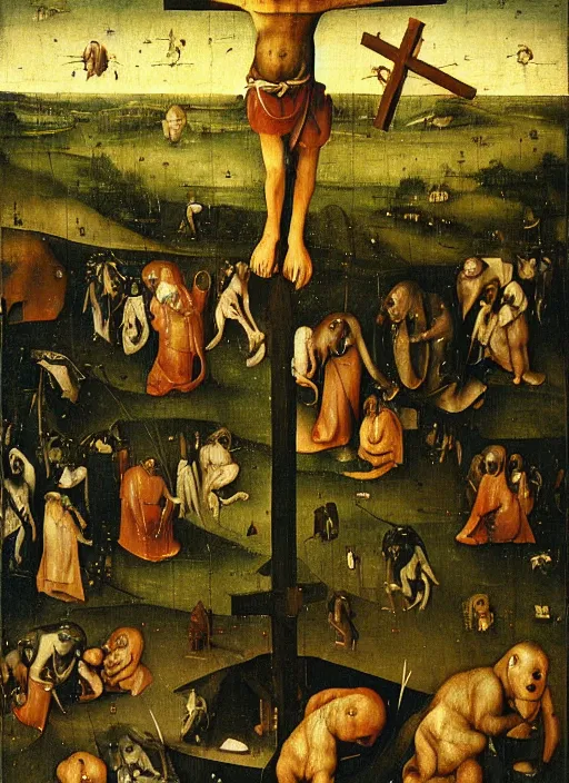 Prompt: Bored Ape nailed to the Cross by Hieronymus Bosch, day time sky, surreal oil painting, highly detailed, dream like, masterpiece