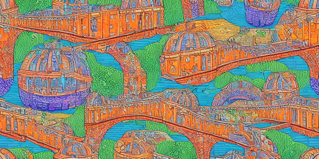 Prompt: seamless pattern of large colorful aqueduct in escher style