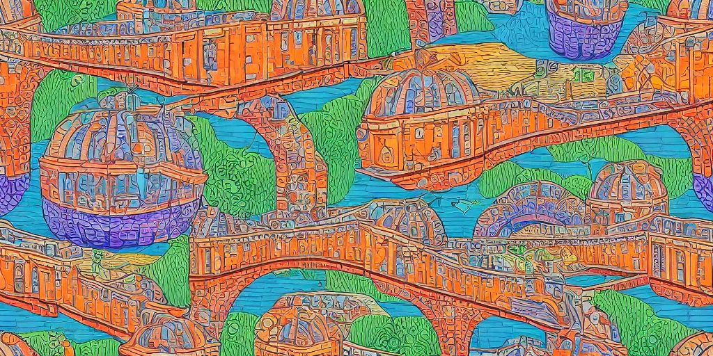 Image similar to seamless pattern of large colorful aqueduct in escher style