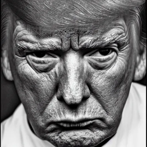 Image similar to Donald Trump's mugshot, crying, by Lee Jeffries, inking,