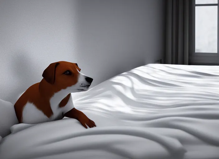 Image similar to photography of a Jack Russel watching outside the window on a bed in a 3d rendered white room, octane render, 3d, foggy, volumetric light, volumetric fog, photorealistic, unreal engine 5