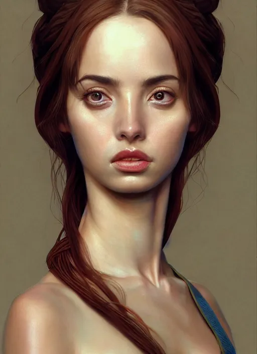 Image similar to hyper realistic zoomed out portrait of ana de armas in the fifth element, by hsiao ron cheng, ngai victo, nivanh chanthara jean delville wlop and dougherty patrick, trending on artstation, soft light