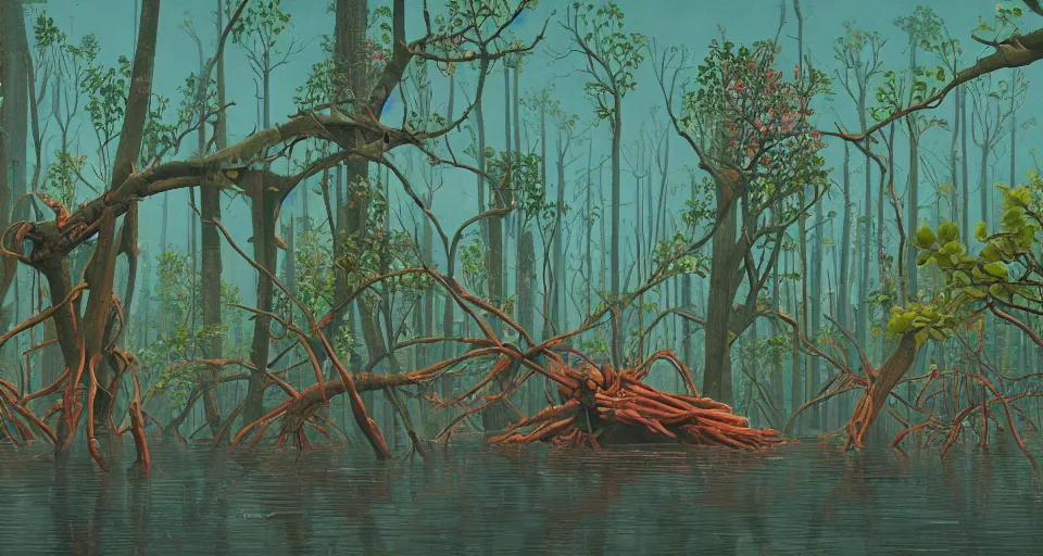 Image similar to A fantastic mangrove, by simon stalenhag