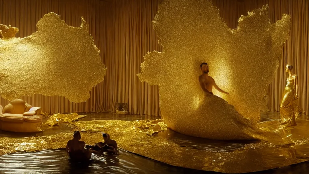 Prompt: a giant hand made of gold and water floats through the living room, film still from the movie directed by Denis Villeneuve with art direction by Salvador Dalí, wide lens