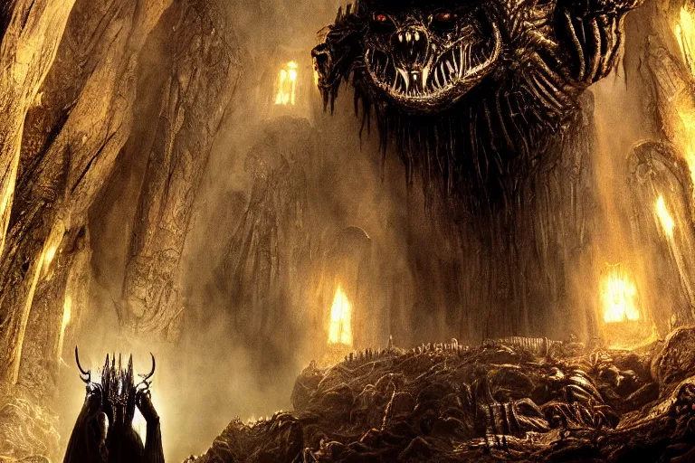 Image similar to a balrog lurking in moria, style of h. r. giger, many columns, mines of moria from the lord of the rings in the style of h. r. giger, directed by ridley scott, dark, cinematic, highly detailed, very realistic, photorealistic, filmed, cinemascope