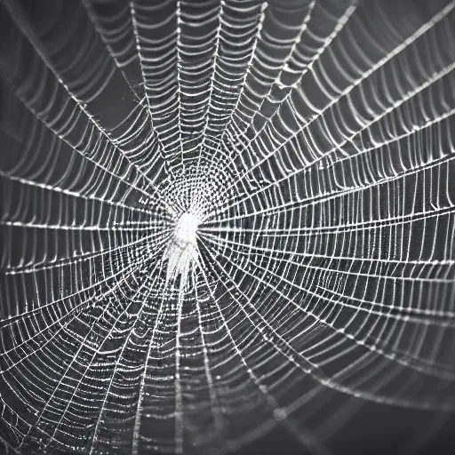 Prompt: an intricate cobweb on black background, macro