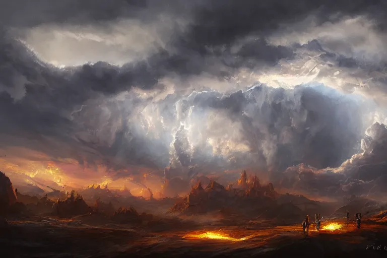 Prompt: oil painting of the crucible of worlds, cinematic, landscape, clouds, epic, featured on artstation