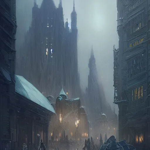 Prompt: dark city by lake, snowy, scandinavian, d & d, fantasy, intricate, elegant, highly detailed, digital painting, artstation, concept art, matte, sharp focus, illustration, art by artgerm and greg rutkowski and alphonse mucha