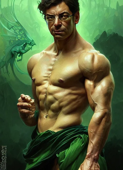 Image similar to portrait of aggressive florentino perez, d & d, muscular! green, fantasy, intricate, elegant, highly detailed, digital painting, artstation, concept art, smooth, sharp focus, illustration, art by artgerm and greg rutkowski and alphonse mucha