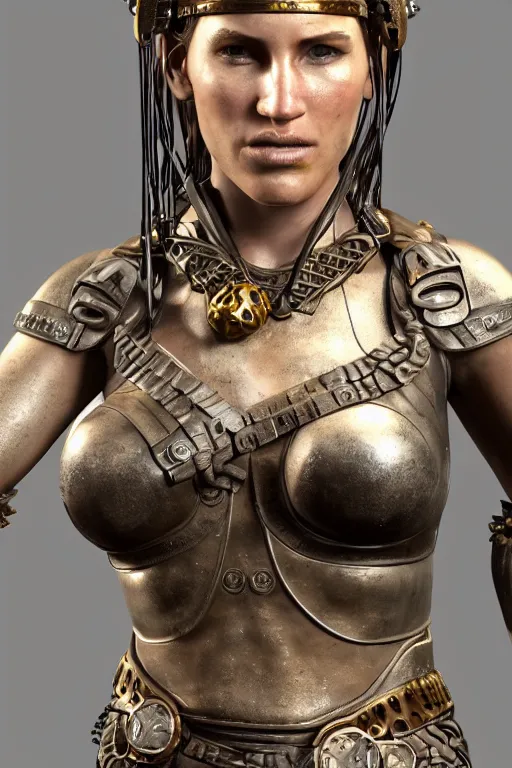 Prompt: hyper realistic glorious ancient celtic lara croft in a obsidian metal armor, futuristic design, designed by makoto kobayashi and luca zampriolo, portrait, cyberpunk style, wood and gold details, intricate, extremely detailed, ornate, deep of field, hard surface, exoskeleton, substance designer metal