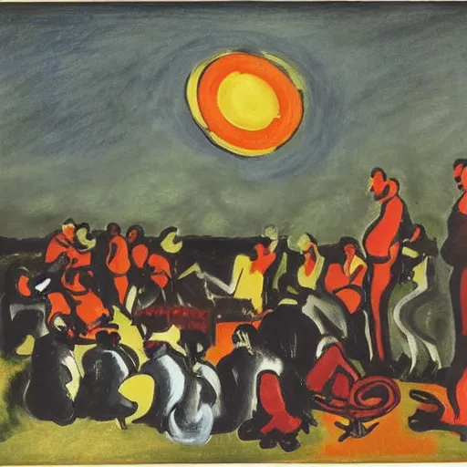 Image similar to hideous by kees van dongen kodachrome. drawing. a group of people gathered around a fire. they are all looking up at the night sky, where a bright star is shining