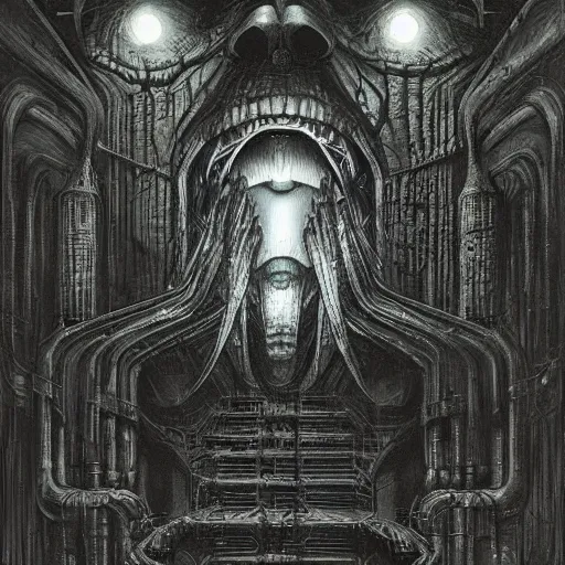 Image similar to a dark lord looking in the camera, h. r giger, marc simonetti