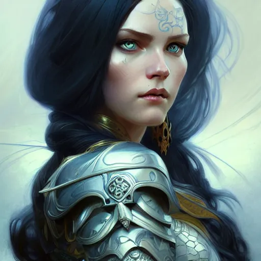 Image similar to Portrait of female warrior, D&D, blue eyes, face, long black hair, fantasy, intricate, elegant, highly detailed, digital painting, artstation, concept art, smooth, sharp focus, illustration, art by artgerm and greg rutkowski and alphonse mucha