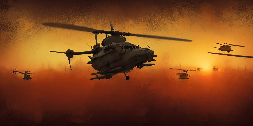 Image similar to Painting of vietnam Huey Helicopters, above a forest, orange sun set, abstract, realism, 8k, detailed, octane render, glow, war