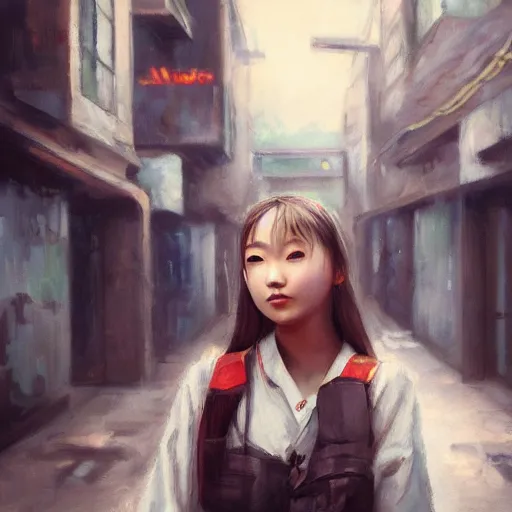 Image similar to a perfect, realistic professional oil painting of a Japanese schoolgirl posing in a dystopian alleyway, close-up, by a professional American senior artist on ArtStation, a high-quality hollywood-style concept