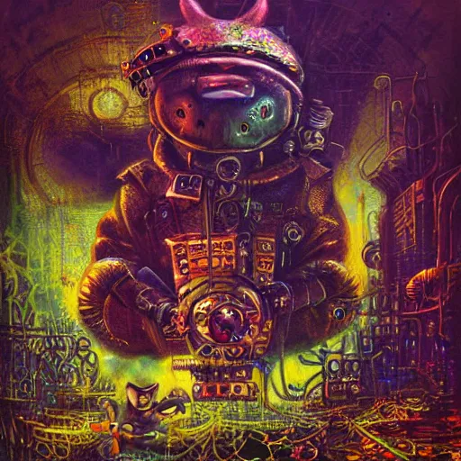 Image similar to steampunk rat, acid, 303, psychedelic, by paul lehr