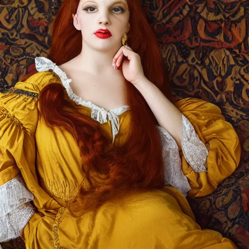 Image similar to preraphaelite photography reclining on bed, a hybrid of judy garland and lady gaga, aged 2 5, big brown fringe, yellow ochre ornate medieval dress, 4 k