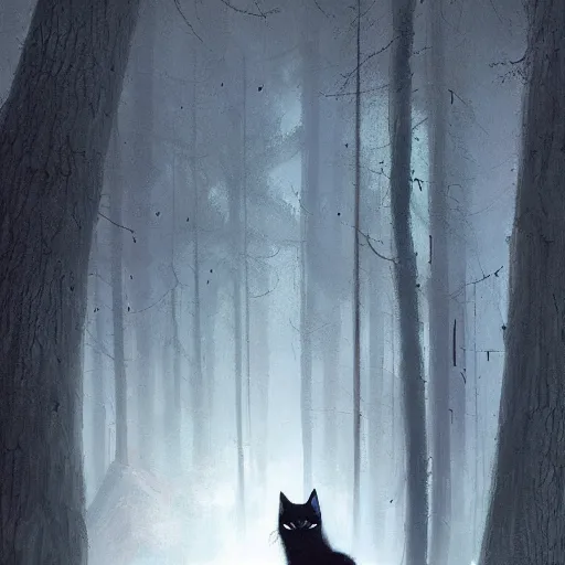 Prompt: little black cat in the fantasy forest, shining in the moonlight, by greg rutkowski