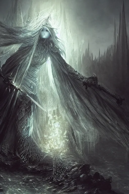 Image similar to dark souls 3 firekeeper fractal, pale bluish greenish brownish hue, dark gothic, dreamy, marc simonetti, patrick turner, realistic cgsocie