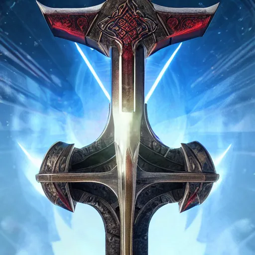 Image similar to symmetrical game - icon of giant medieval swords crossed, red powerful fantasy epic legends, game icon stylized, digital illustration radiating, a glowing aura, global illumination, ray tracing, 8 k high definition, intricate details, octane render, unreal engine, trending on arstation