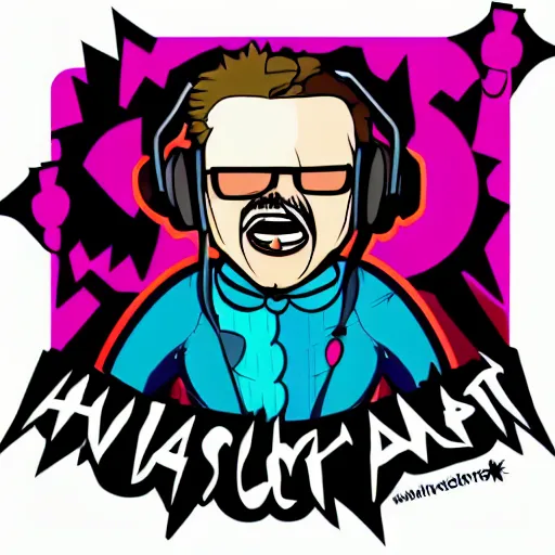 Image similar to svg vector sticker of absolutely insane-mad-scientist-villain, rocking out, wearing headphones, huge speakers, dancing, rave, DJ, spinning records, digital art, amazing composition, rule-of-thirds, award-winning, trending on artstation, featured on deviantart