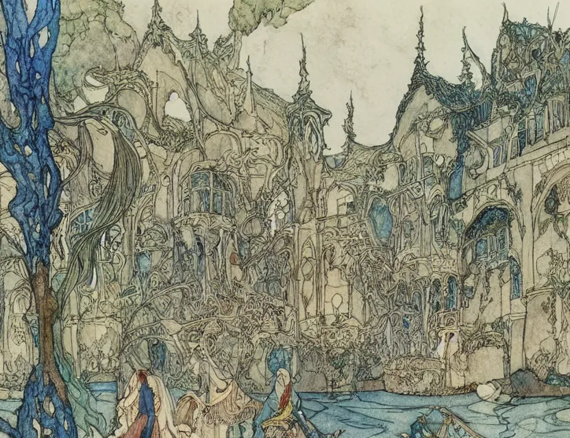 Image similar to a detailed, intricate watercolor and ink illustration with fine lines of the view from the river of an art nouveau arabian palace, by arthur rackham and edmund dulac and lisbeth zwerger