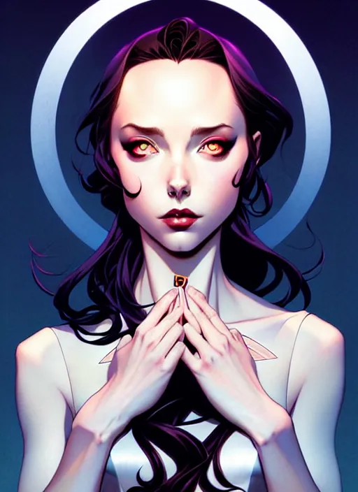 Image similar to artgerm, joshua middleton comic cover art, full body pretty kacey rohl vampire, symmetrical eyes, symmetrical face, long curly black hair, dark castle background background, cinematic lighting