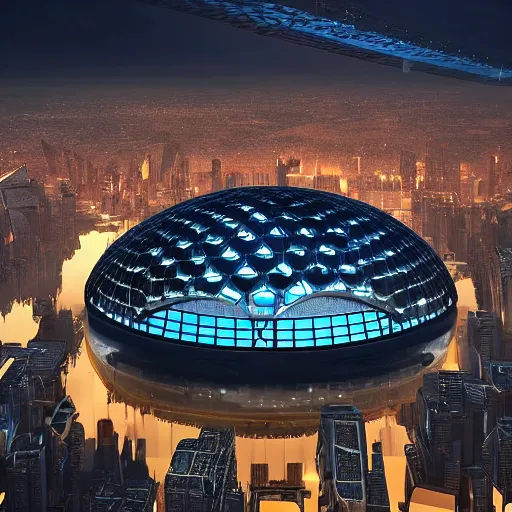 Image similar to a huge futuristic stadium for gladatior combat with a forcefield dome floating above a cyberpunk city, hexagonal shaped, elegant architecture, modern, epic light, elegant, artstation, intricate, highly detailed, ultra realist, hd, unreal engine, 3 d, hd