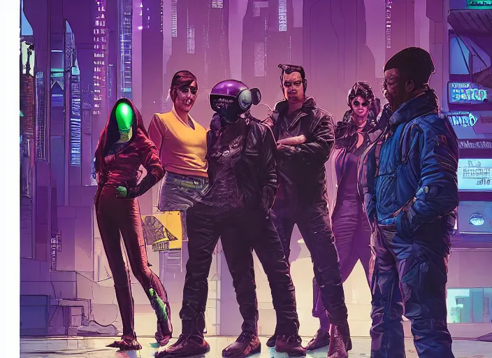 Image similar to cyberpunk heist crew. portrait by stonehouse and mœbius and will eisner and gil elvgren and pixar. character design. realistic proportions. dystopian. cyberpunk 2 0 7 7, apex, blade runner 2 0 4 9 concept art. cel shading. attractive face. thick lines.